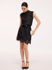 Lace Trim Satin Cross Neck Sleeveless Dress