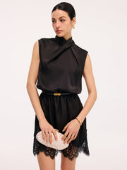 Lace Trim Satin Cross Neck Sleeveless Dress