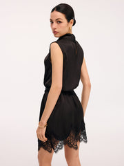 Lace Trim Satin Cross Neck Sleeveless Dress