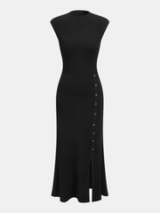 Button Detail Cap Sleeve Rib Knit Maxi Dress