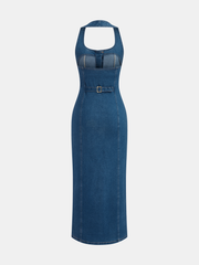 Denim Halter Button Front Maxi Dress