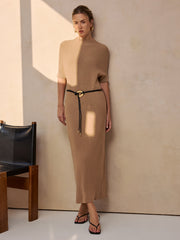 Belted Ribbed Knit Midi Dress