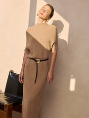 Belted Ribbed Knit Midi Dress