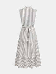 Striped Collared Sleeveless Tie Waist Midi Dress