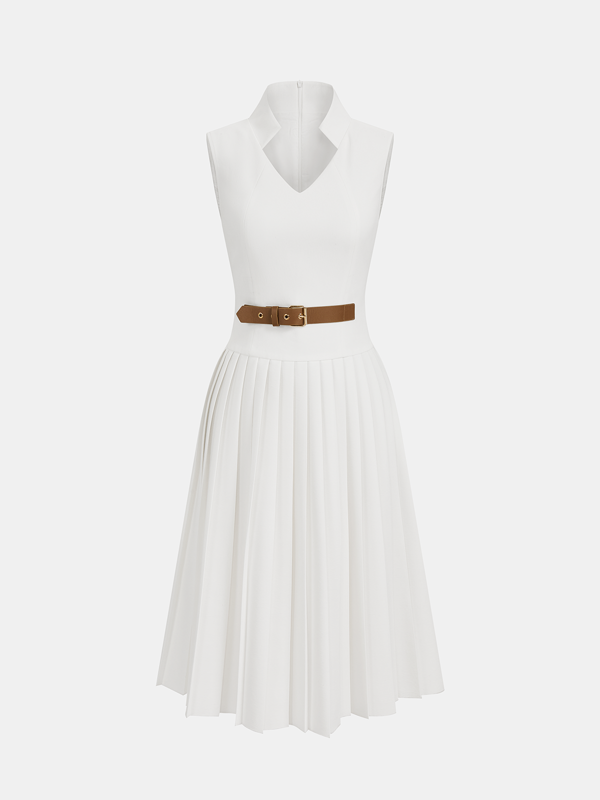 Belted Sleeveless Pleated Collared Dress