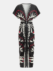 Geometric Print Deep V-Neck Midi Dress
