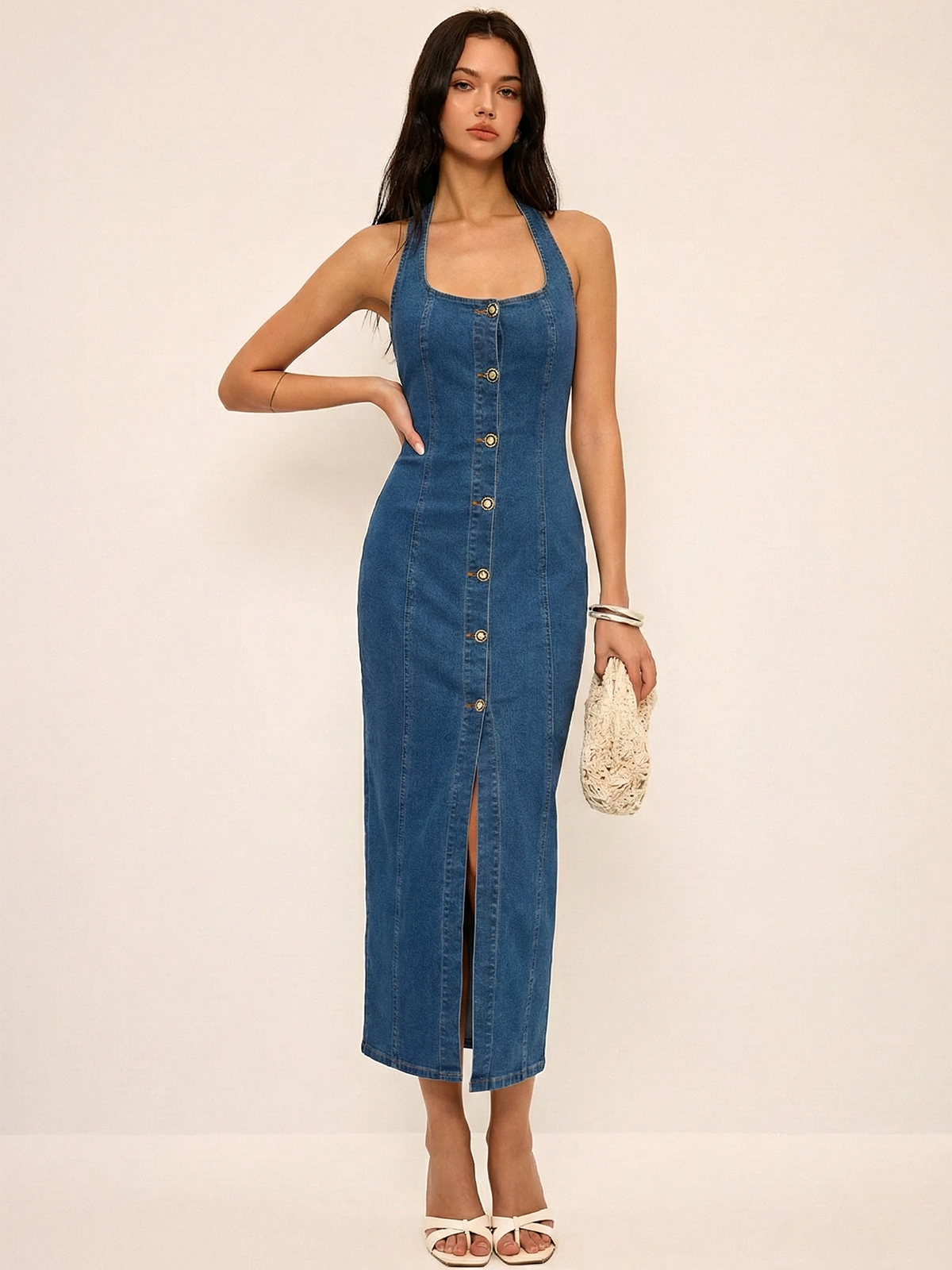 Denim Halter Button Front Maxi Dress