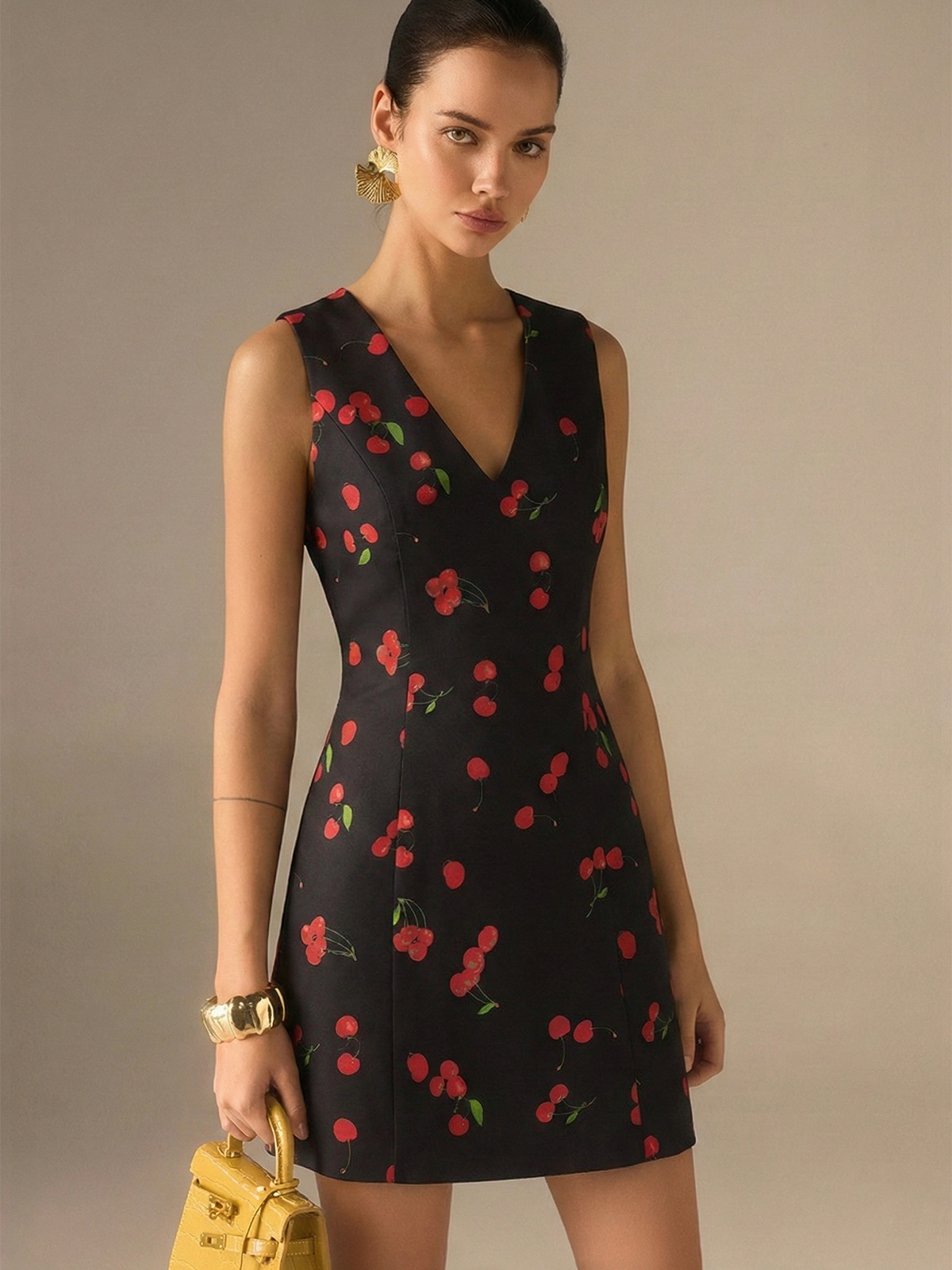 Cherry Print Sleeveless V-Neck Mini Dress
