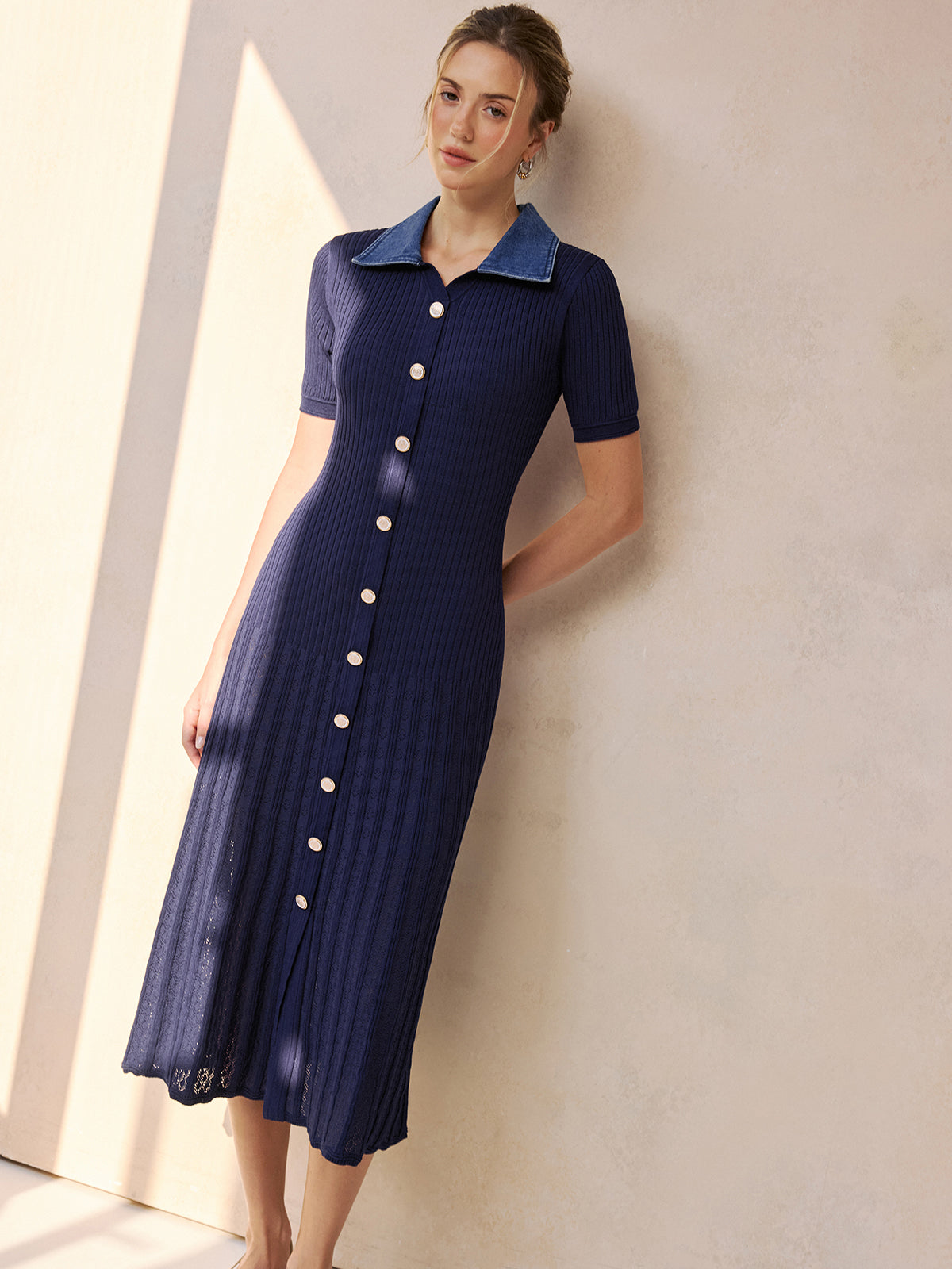 Denim Collar Ribbed Knit Midi Dress