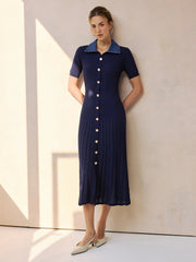 Denim Collar Ribbed Knit Midi Dress