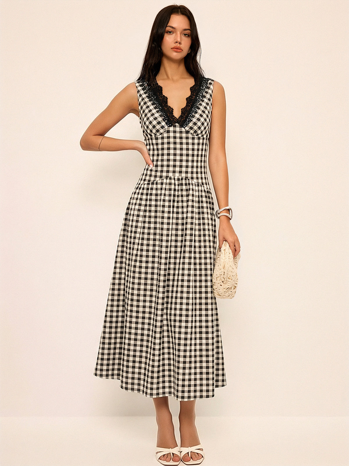 Sleeveless Lace Trim Gingham Maxi Dress
