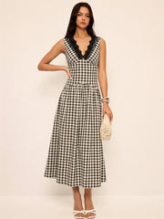 Sleeveless Lace Trim Gingham Maxi Dress