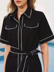 Oversized Contrast Stitch Belted Shirt Dress