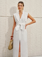 Cotton-Linen Sleeveless V-Neck Bow Split Dress