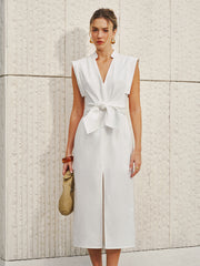 Cotton-Linen Sleeveless V-Neck Bow Split Dress