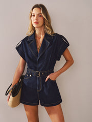 Denim Belted Collar Romper