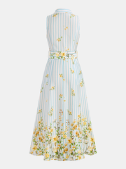 Floral Striped Sleeveless Belted Midi Dress