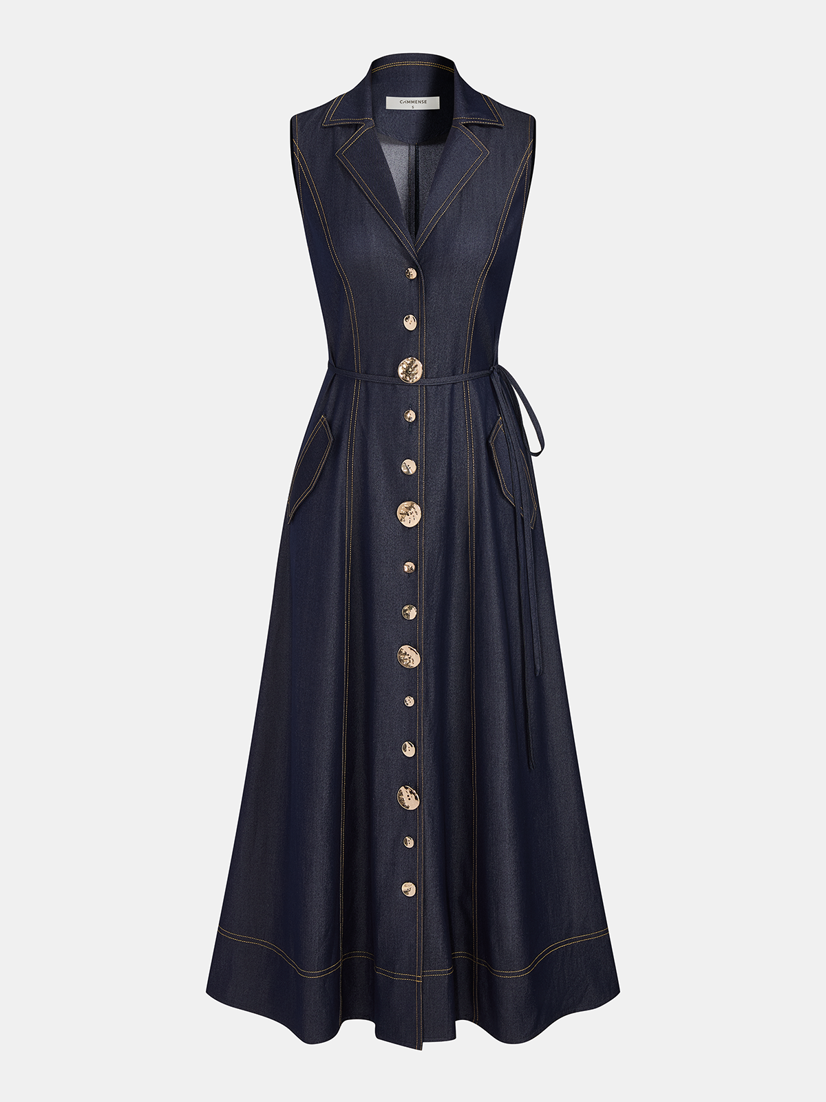 Sleeveless Button Down Belted Denim Maxi Dress