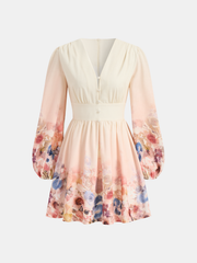 Floral Print V-Neck Long Sleeve Mini Dress
