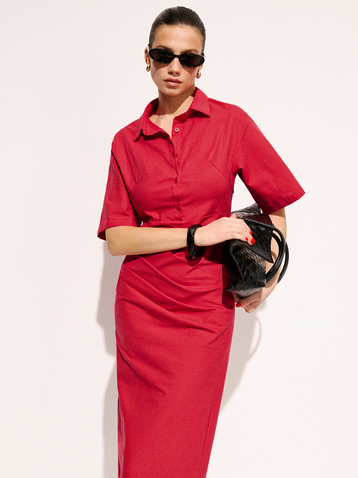 Cotton Pleated Shirt Midi Dress