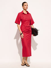 Cotton Pleated Shirt Midi Dress