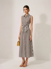 Sleeveless Striped Tie Waist Maxi Dress