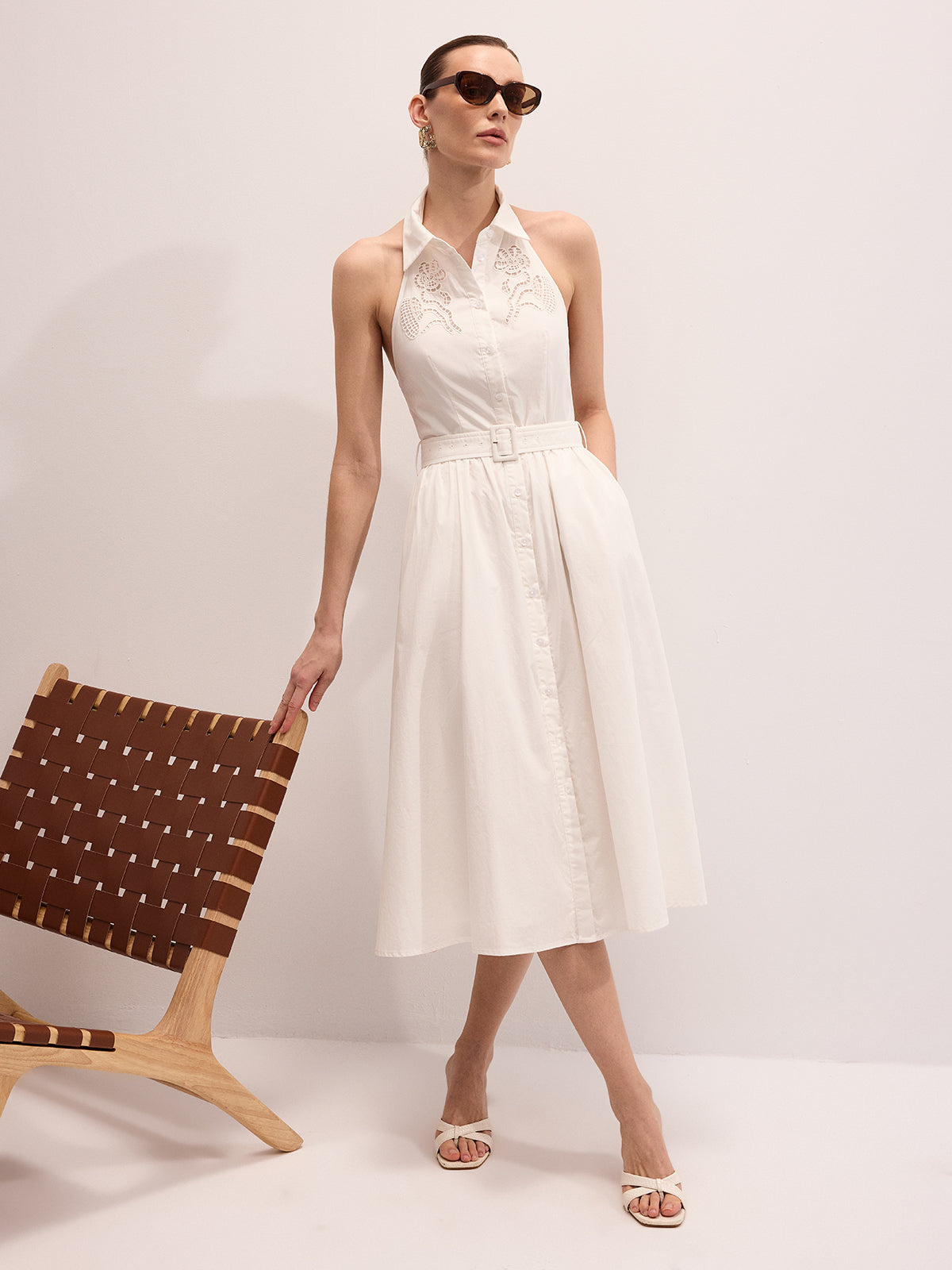 Cotton Embroidered Belted Halter Maxi Dress