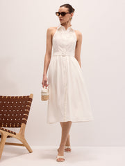 Cotton Embroidered Belted Halter Maxi Dress