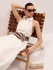 Cotton Embroidered Belted Halter Maxi Dress