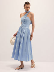 Halter Neck Cotton Blend Belted Maxi Dress