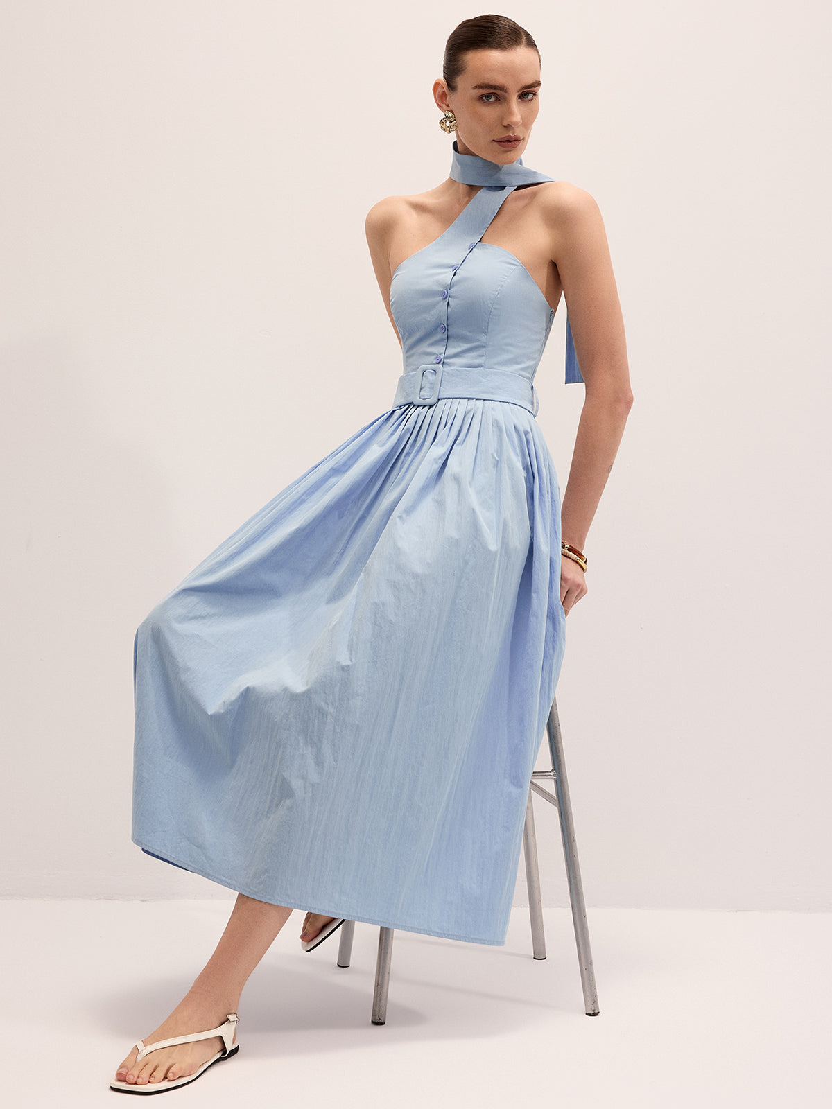 Halter Neck Cotton Blend Belted Maxi Dress