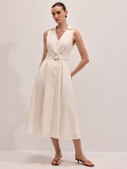 Cotton Linen Sleeveless Belted Midi Dress
