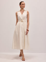 Cotton Linen Sleeveless Belted Midi Dress