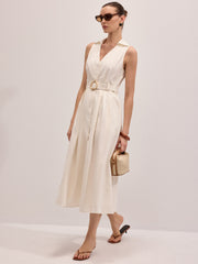 Cotton Linen Sleeveless Belted Midi Dress
