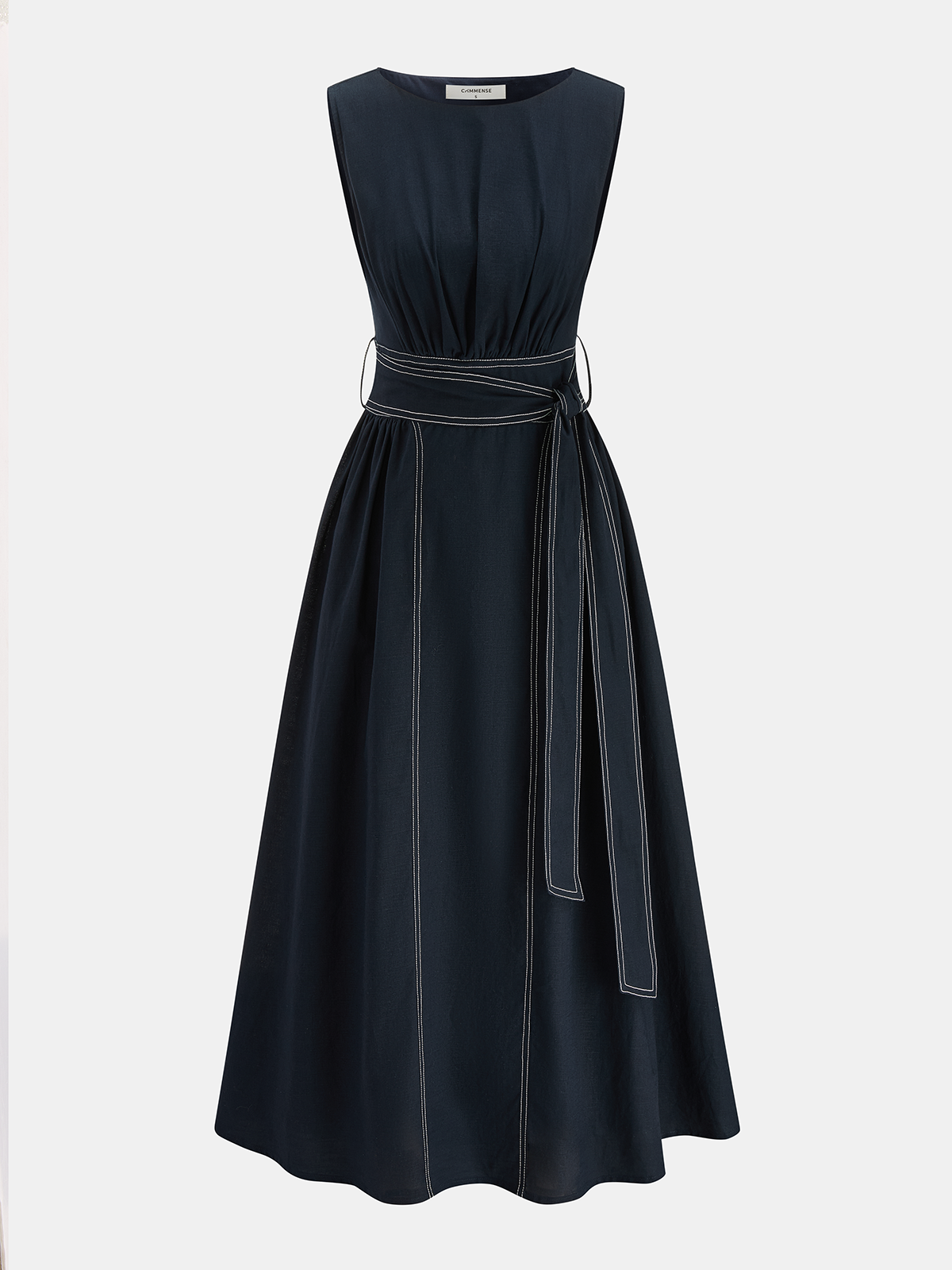 Cotton Linen Sleeveless Belted Midi Dress