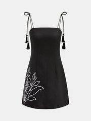 Tassel Tie Embroidered Linen Blend Mini Dress