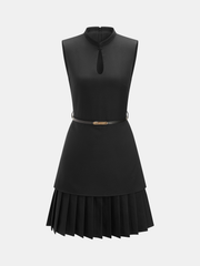 Sleeveless Keyhole Pleated Belted Mini Dress