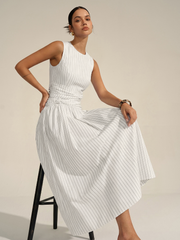 Cotton Blend Striped Ruched Sleeveless Maxi Dress