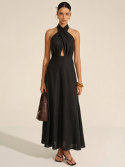 Cotton Linen Halter Neck Cut-Out Maxi Dress