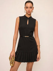 Sleeveless Keyhole Pleated Belted Mini Dress