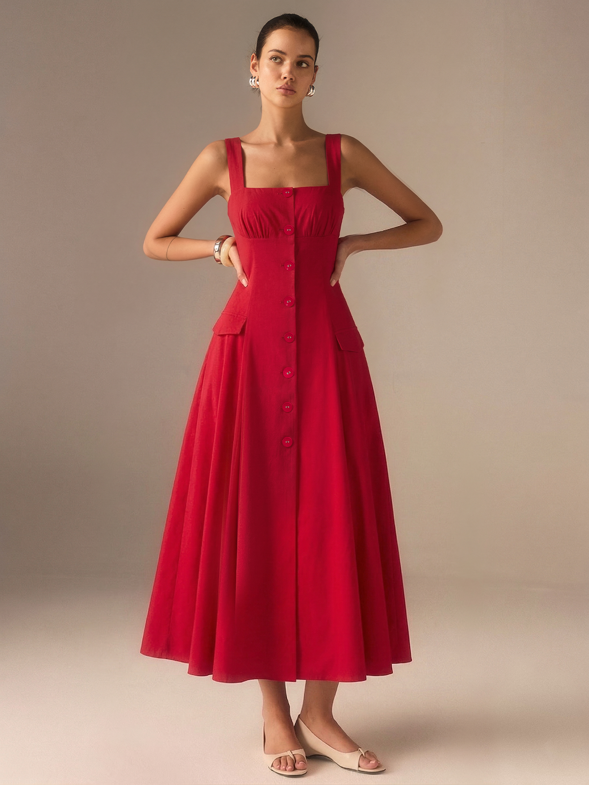 Cotton Blend Button-Front Maxi Dress