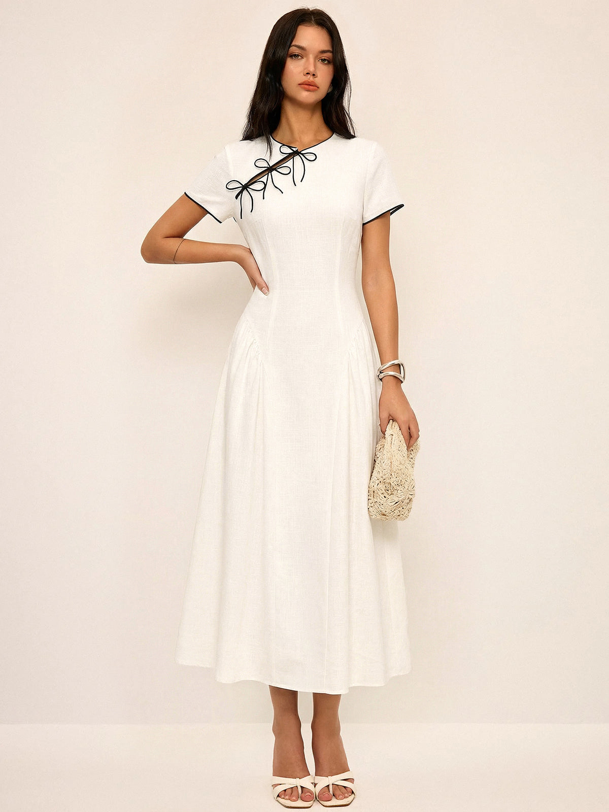 Bow Detail Cotton Cheongsam Midi Dress