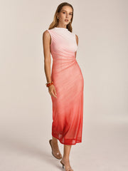 Gradient Ruched Mesh Bodycon Midi Dress