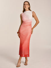 Gradient Ruched Mesh Bodycon Midi Dress