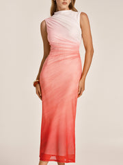 Gradient Ruched Mesh Bodycon Midi Dress