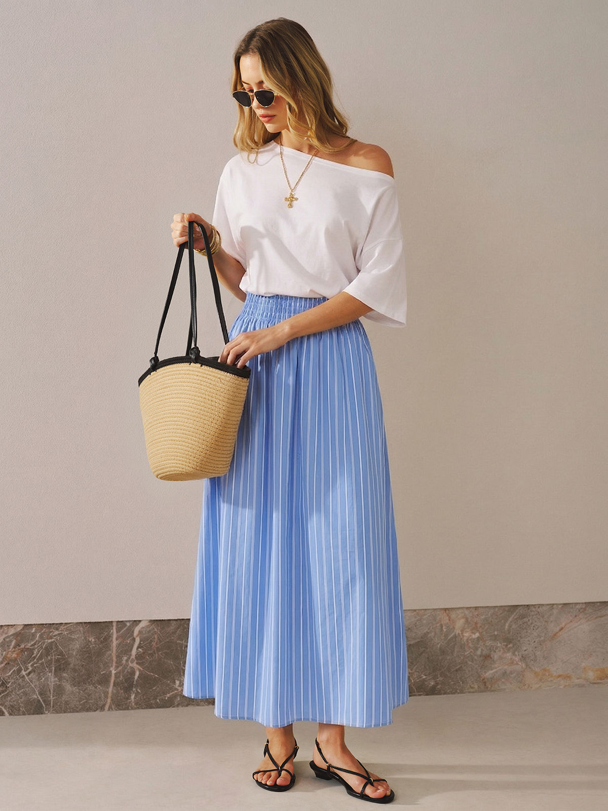 Color Block Off-Shoulder Striped Midi Dress