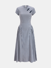 Gingham Frog Button Short Sleeve Midi Dress
