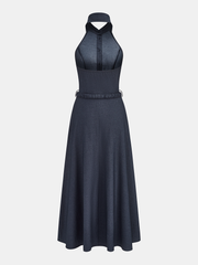 Halter Belted Collared Denim Maxi Dress