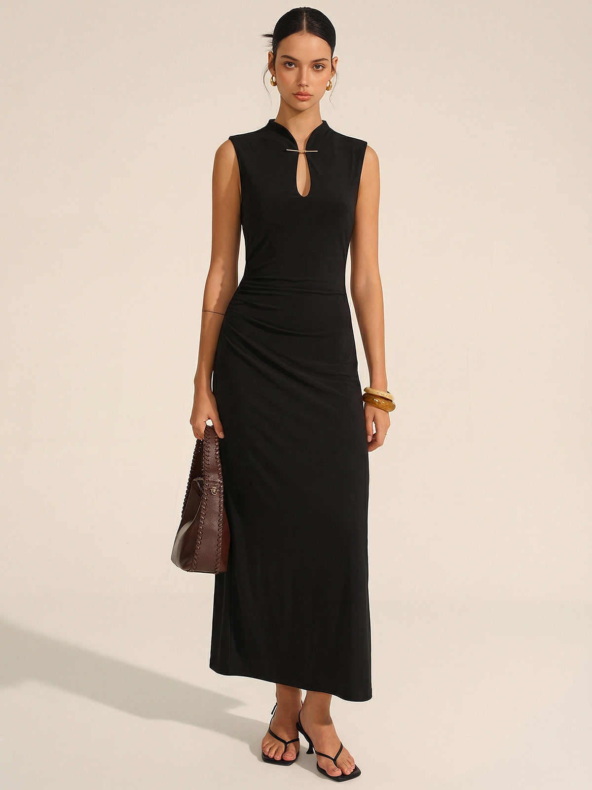 Sleeveless Ruched Keyhole Neck Maxi Dress