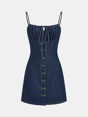 Drawstring Button Denim Cami Mini Dress